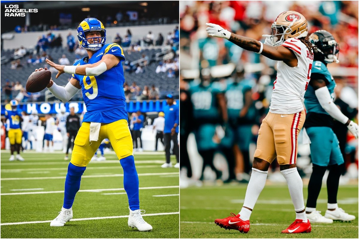 Na esquerda, atleta do Rams. Na direita, atleta do 49ers. Ambos atuando pelos seus respectivos times (foto: Divulgação/Los Angeles Rams e Divulgação/San Francisco 49ers)