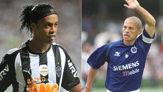 Ronaldinho Gaúcho em ação pelo Atlético em 2014; Alex com a camisa do Cruzeiro em 2004 (foto: Alexandre Guzanshe/EM D.A Press e Jorge Gontijo/Estado de Minas)