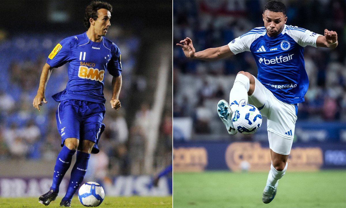 Thiago Ribeiro pelo Cruzeiro em 2010; Wanderson em ação na temporada 2025 (foto: Bruno de Lima/VIPCOMM e Gustavo Aleixo/Cruzeiro)