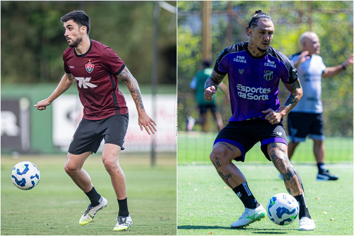 Na esquerda, atleta do Vitória. Na direita, atleta do Ceará. Ambos treinam com a bola em campo aberto. (foto: Victor Ferreira/Vitória e Felipe Santos/Ceará)