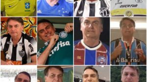 Bolsonaro vestido com camisas de time de futebol - Crédito: 