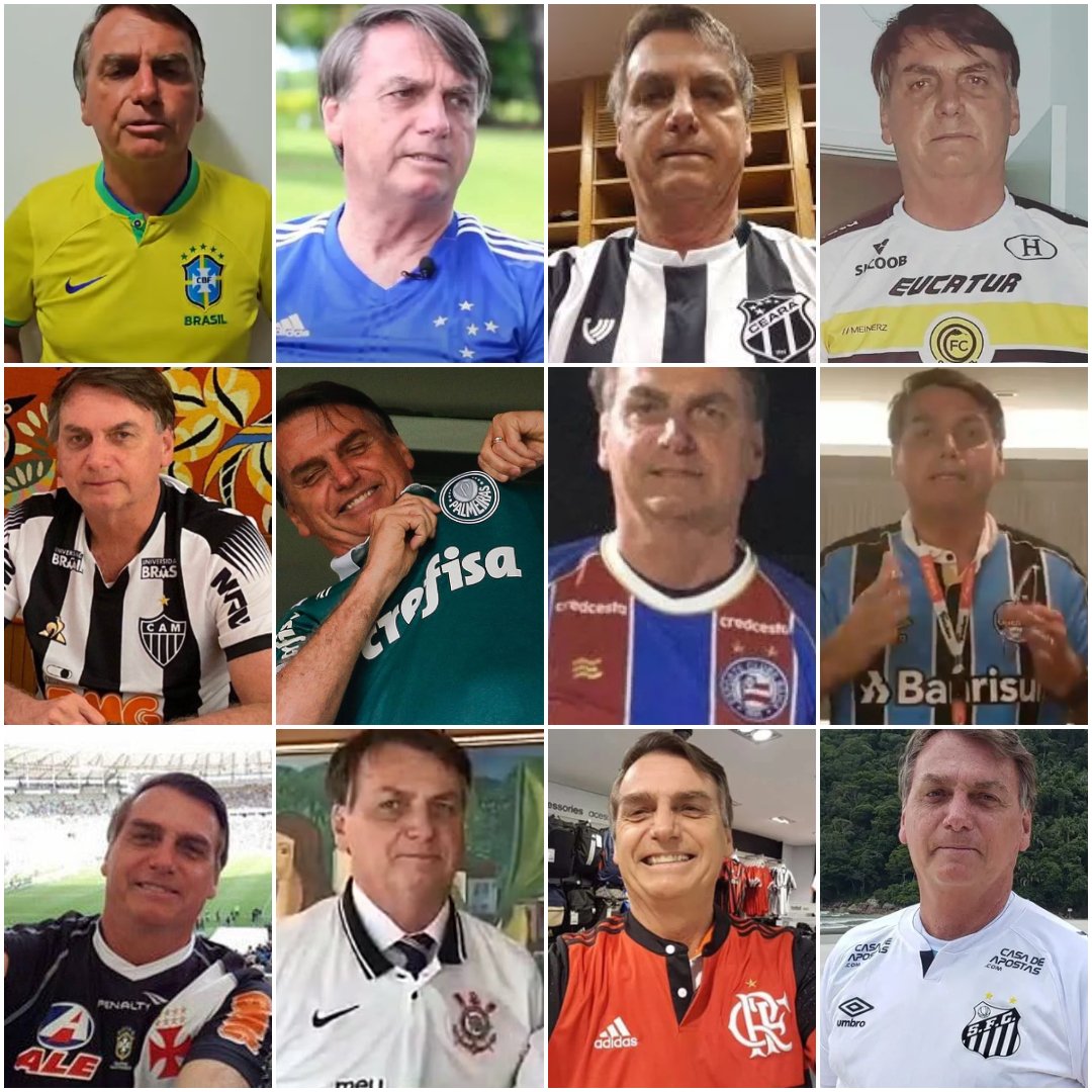 Bolsonaro vestido com camisas de futebol (foto: Reprodução de redes sociais)