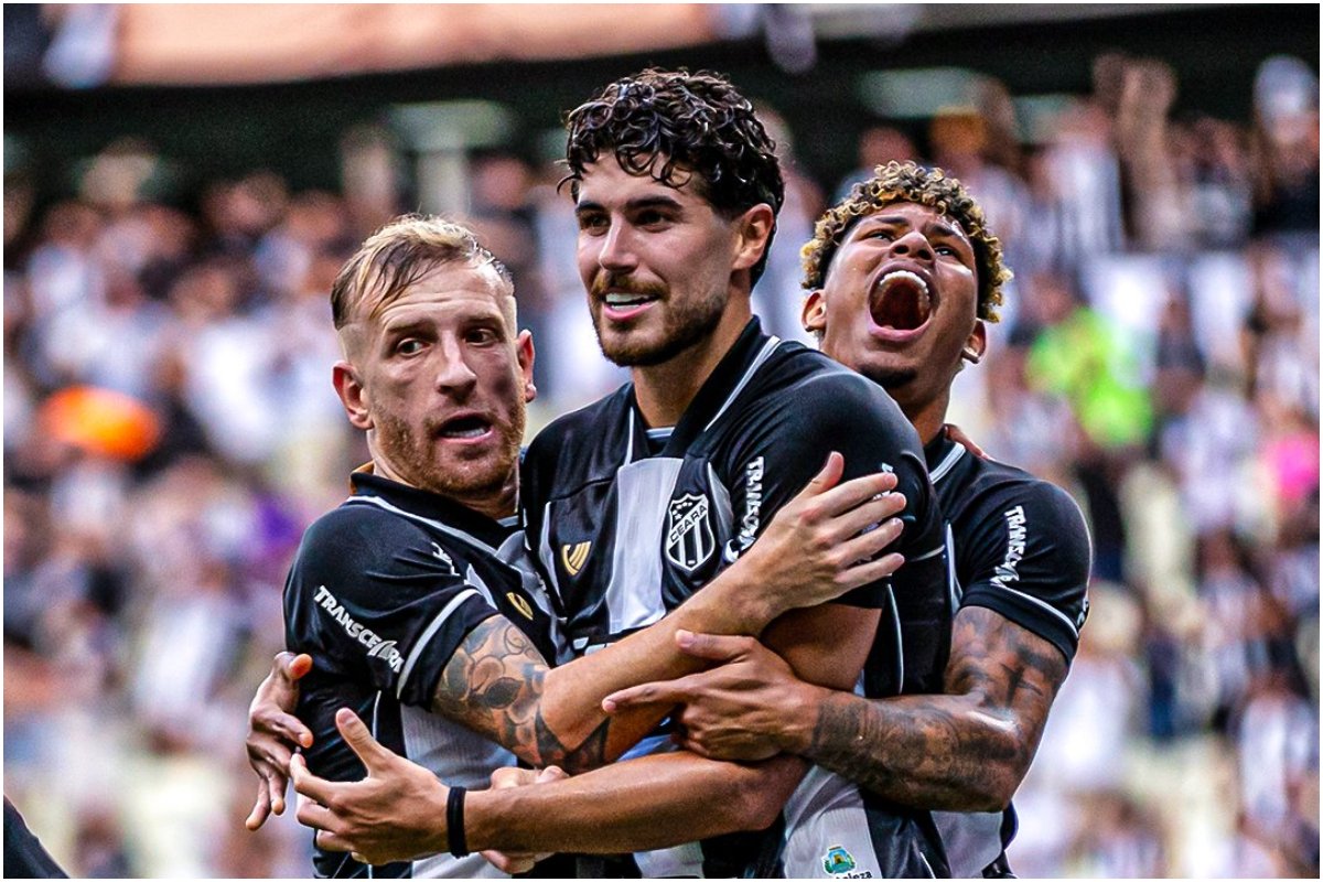 Jogadores do Ceará abraçando Pedro Raul em comemoração de gol (foto: Divulgação/Ceará)