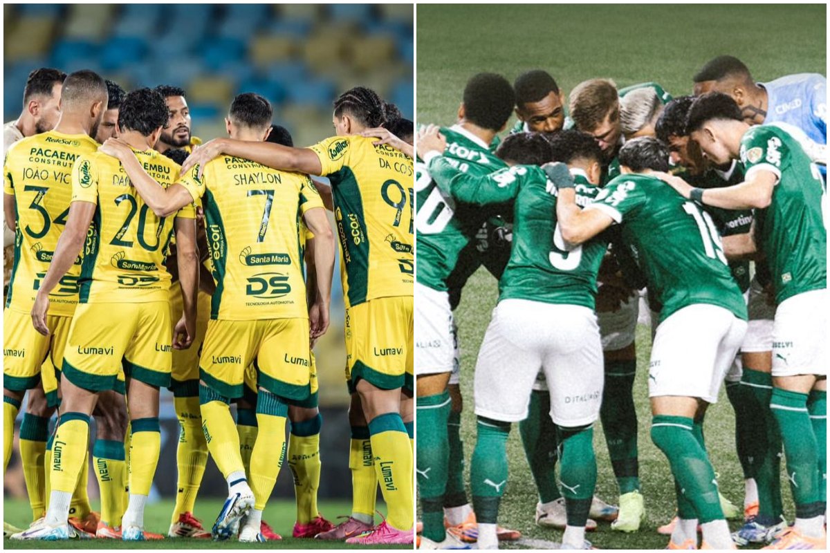 Jogadores do Mirassol e do Palmeiras reunidos em campo (foto: Divulgação/Mirassol e Divulgação/Palmeiras)