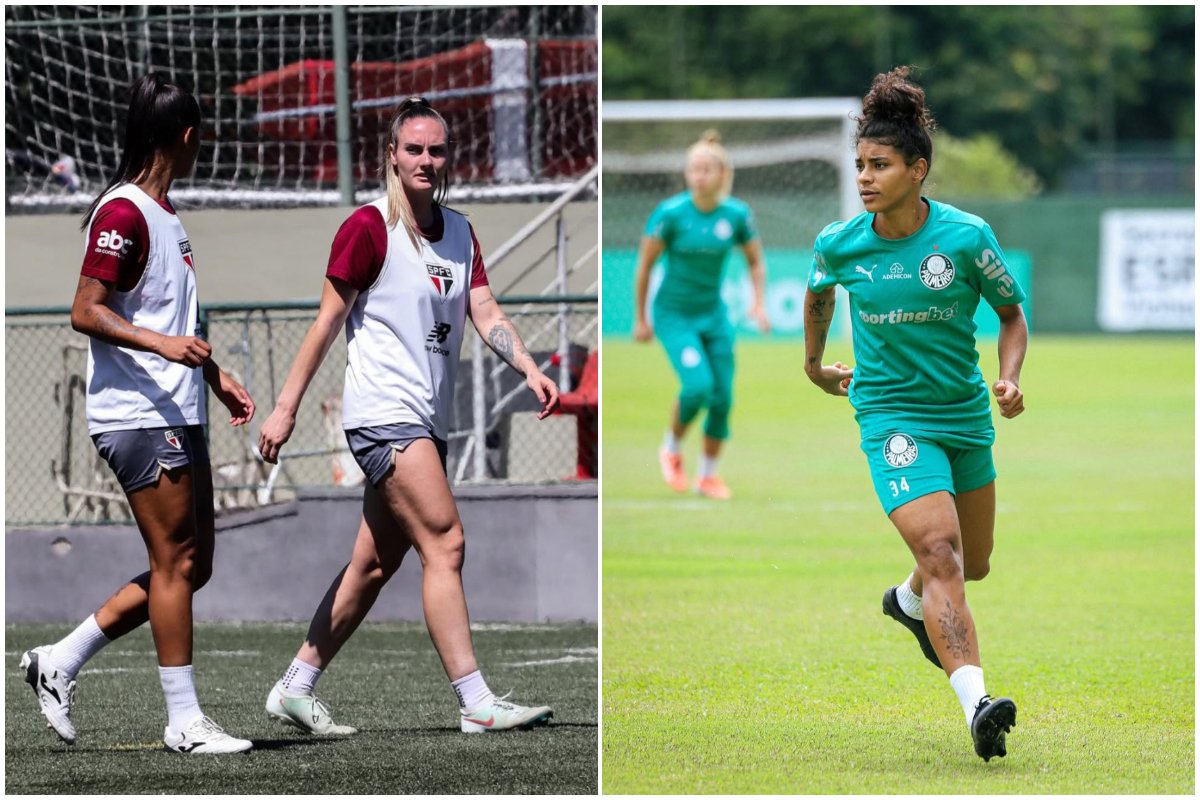 Jogadoras do São Paulo e do Palmeiras durante treino no CT (foto: Carolina Cunha/São Paulo e Paloma Cassiano/Palmeiras)