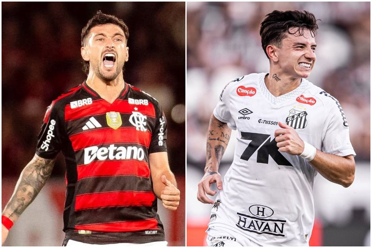 Arrascaeta e Barreal durante comemoração (foto: Divulgação/Flamengo e Divulgação/Santos)
