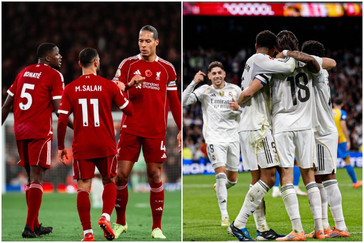 Jogadores do Liverpool e do Real Madrid durante comemoração (foto: Divulgação/Liverpool e Divulgação/Real Madrid)