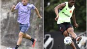 Jogadores do Botafogo e do Vasco durante treino no CT (foto: Vítor Silva/Botafogo e Matheus Lima/Vasco)