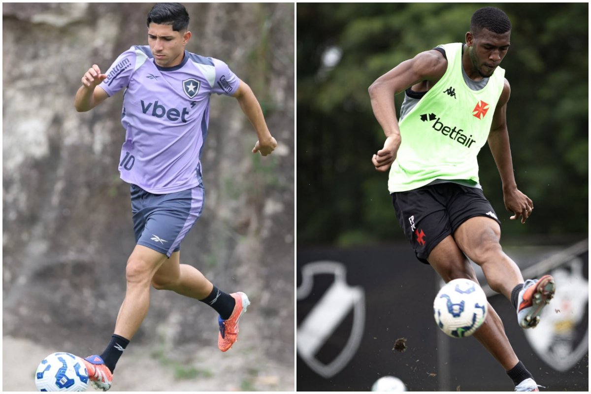 Jogadores do Botafogo e do Vasco durante treino no CT (foto: Vítor Silva/Botafogo e Matheus Lima/Vasco)