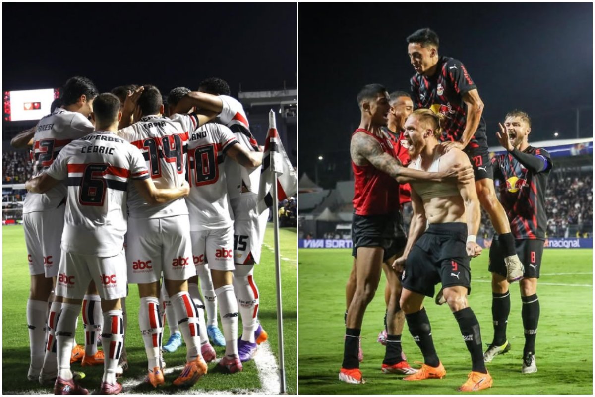Jogadores do São Paulo e do Bragantino durante comemoração (foto: Rubens Chiri/São Paulo e Ari Ferreira/Bragantino)