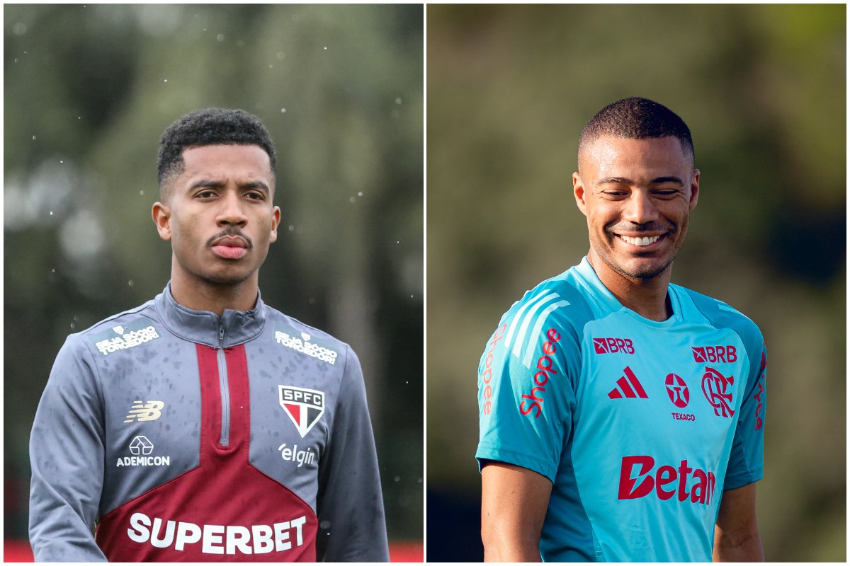 Jogadores durante treino no centro de treinamento (foto: Erico Leonan/São Paulo e Adriano Fontes/Flamengo)