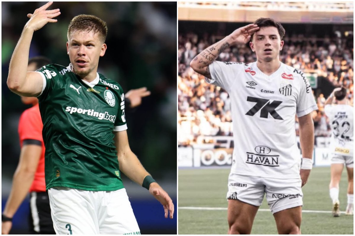 Jogadores durante comemoração (foto: Cesar Greco/Palmeiras e Raul Baretta/Santos)