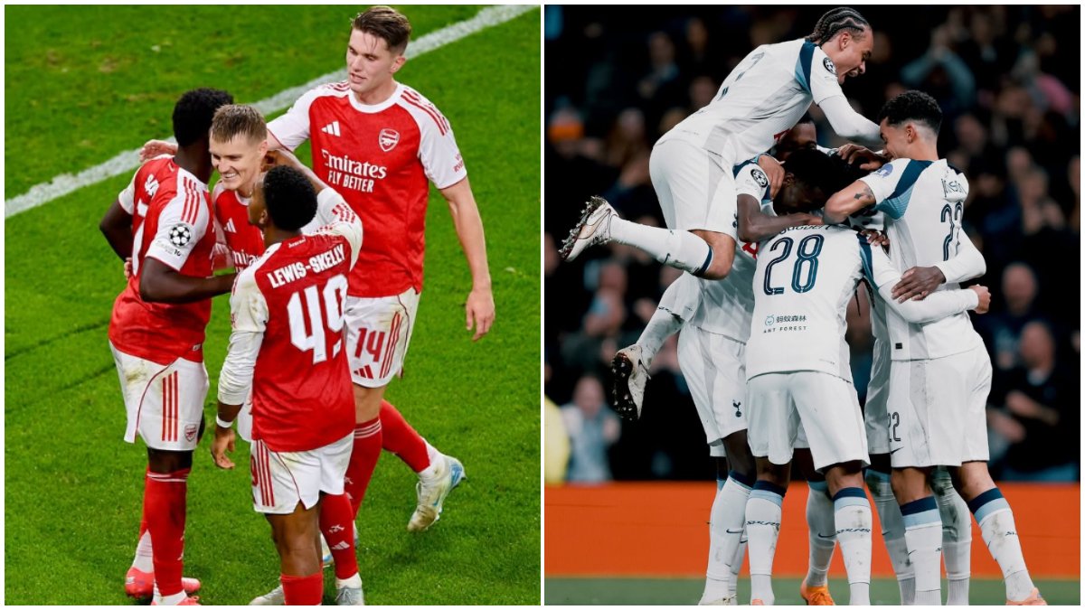 Jogadores do Arsenal e do Tottnham durante comemoração (foto: Divulgação/Arsenal e Divulgação/Tottenham)