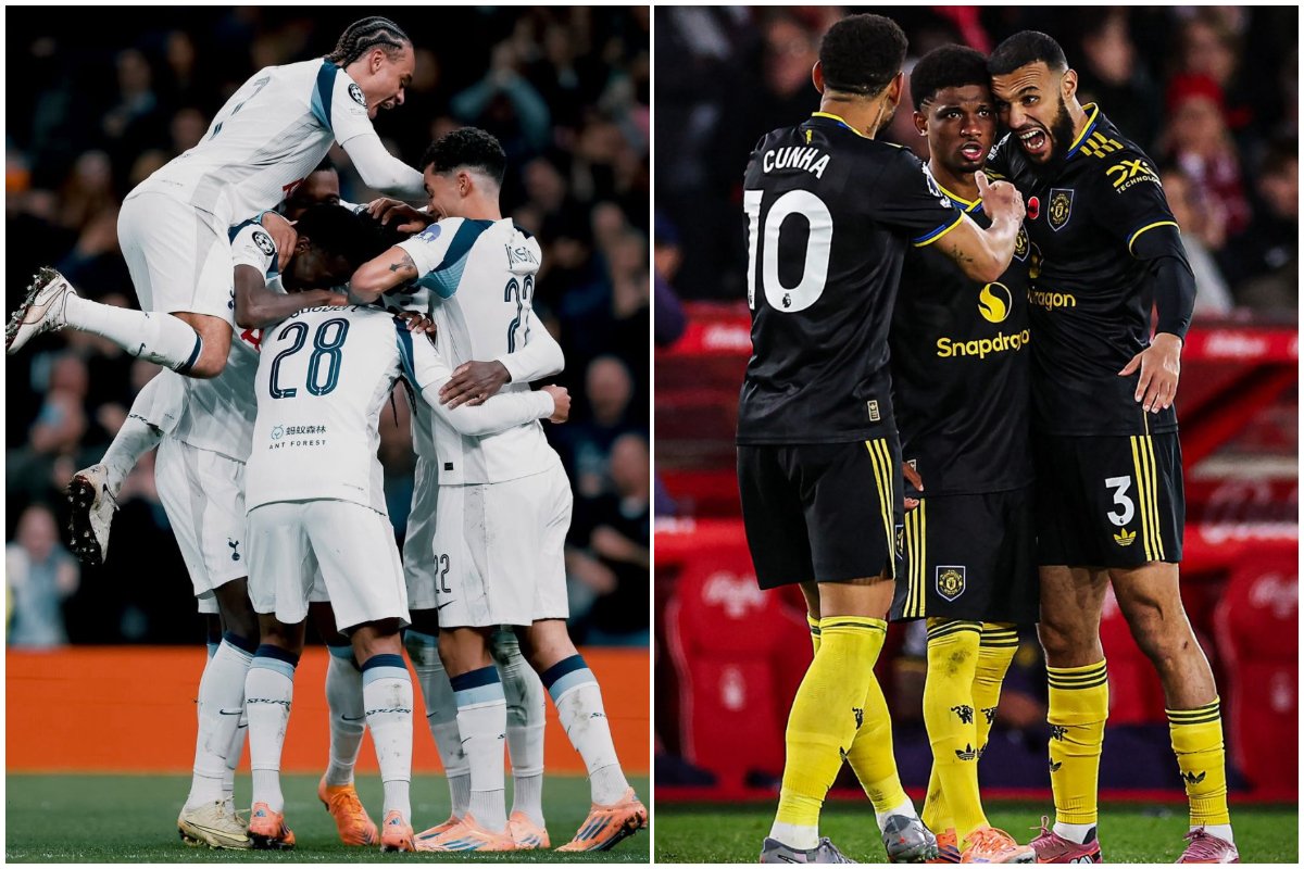 Jogadores durante comemoração (foto: Divulgação/Tottenham e Divulgação/Manchester United)