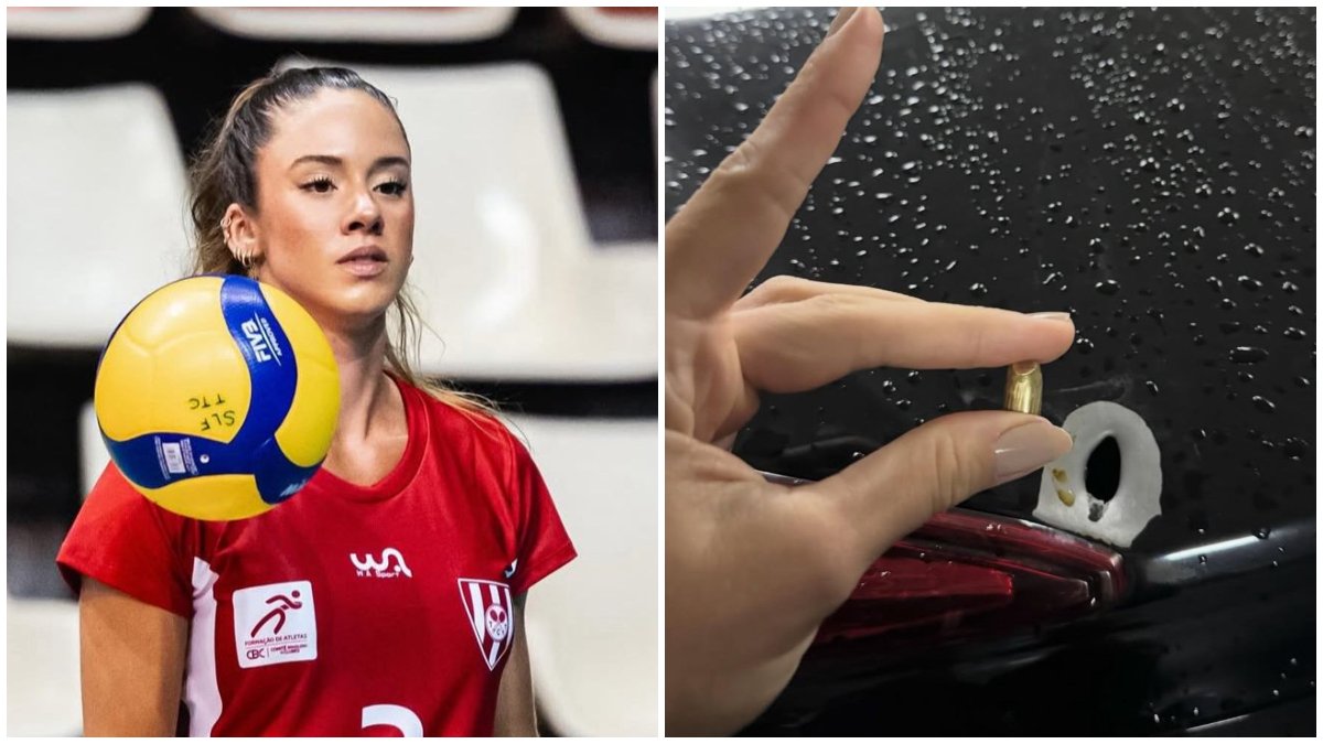 Julia Azevedo durante partida de vôlei e bala que atingiu carro (foto: Divulgação/Julia Azevedo)