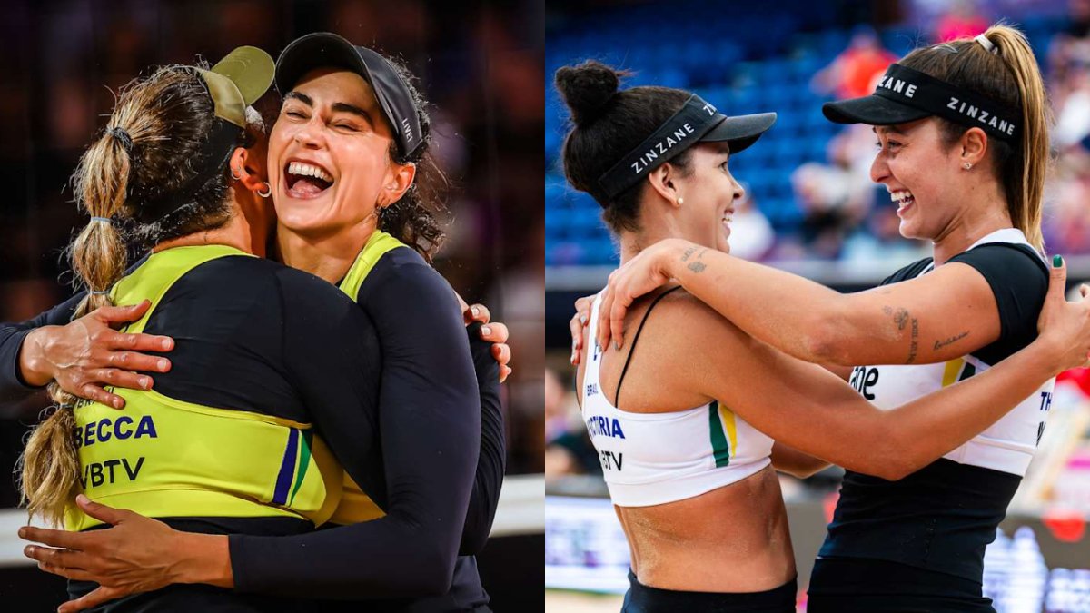 Carol e Rebecca e Thâmela e Vic, duplas brasileiras de vôlei de praia (foto: Divulgação FIVB)