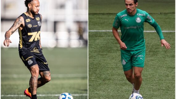 Jogadores durante treinamento (foto: Baretta/Santos e Cesar Greco/Palmeiras)