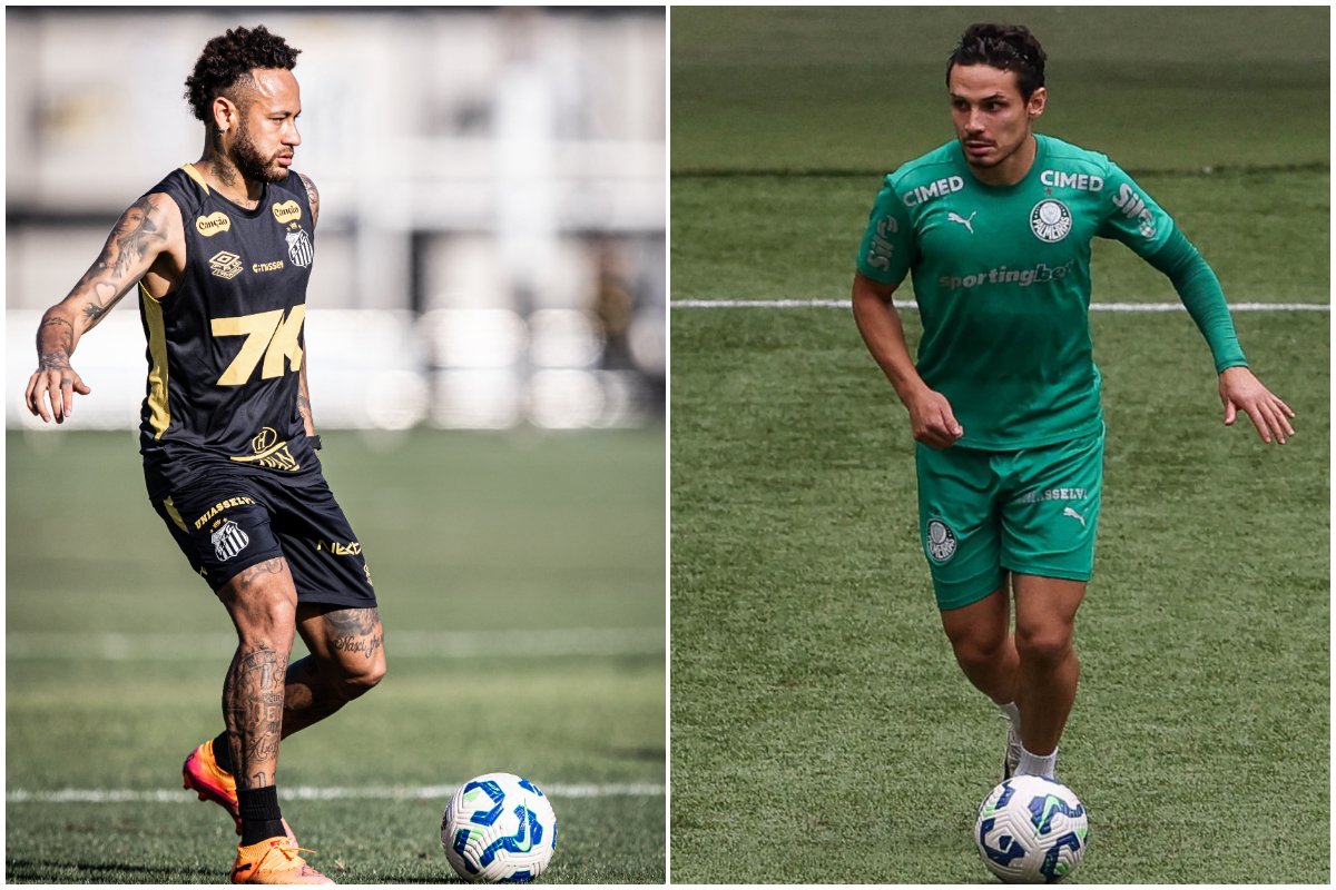 Jogadores durante treinamento (foto: Baretta/Santos e Cesar Greco/Palmeiras)