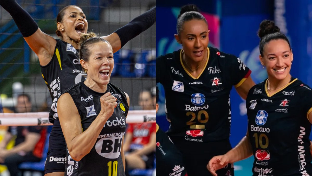 Jogadoras de Praia Clube e Mackenzie em jogos da Superliga Feminina de Vôlei (foto: Bruno Cunha / Praia Clube e Alessandra Torres / Mackenzie)
