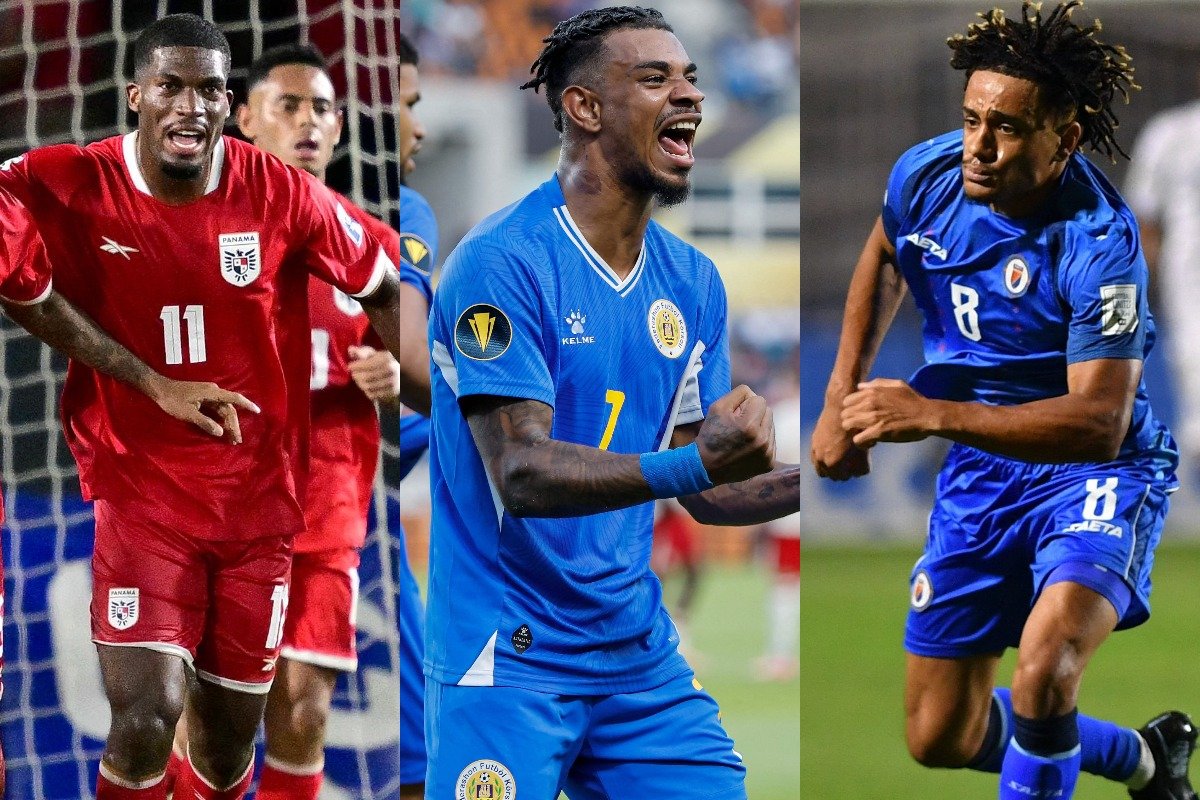 Jogadores de Panamá (à esquerda), Curaçao (ao centro) e Haiti (à direita) (foto: MARTIN BERNETTI, TIM WARNER e ORLANDO SIERRA/AFP)