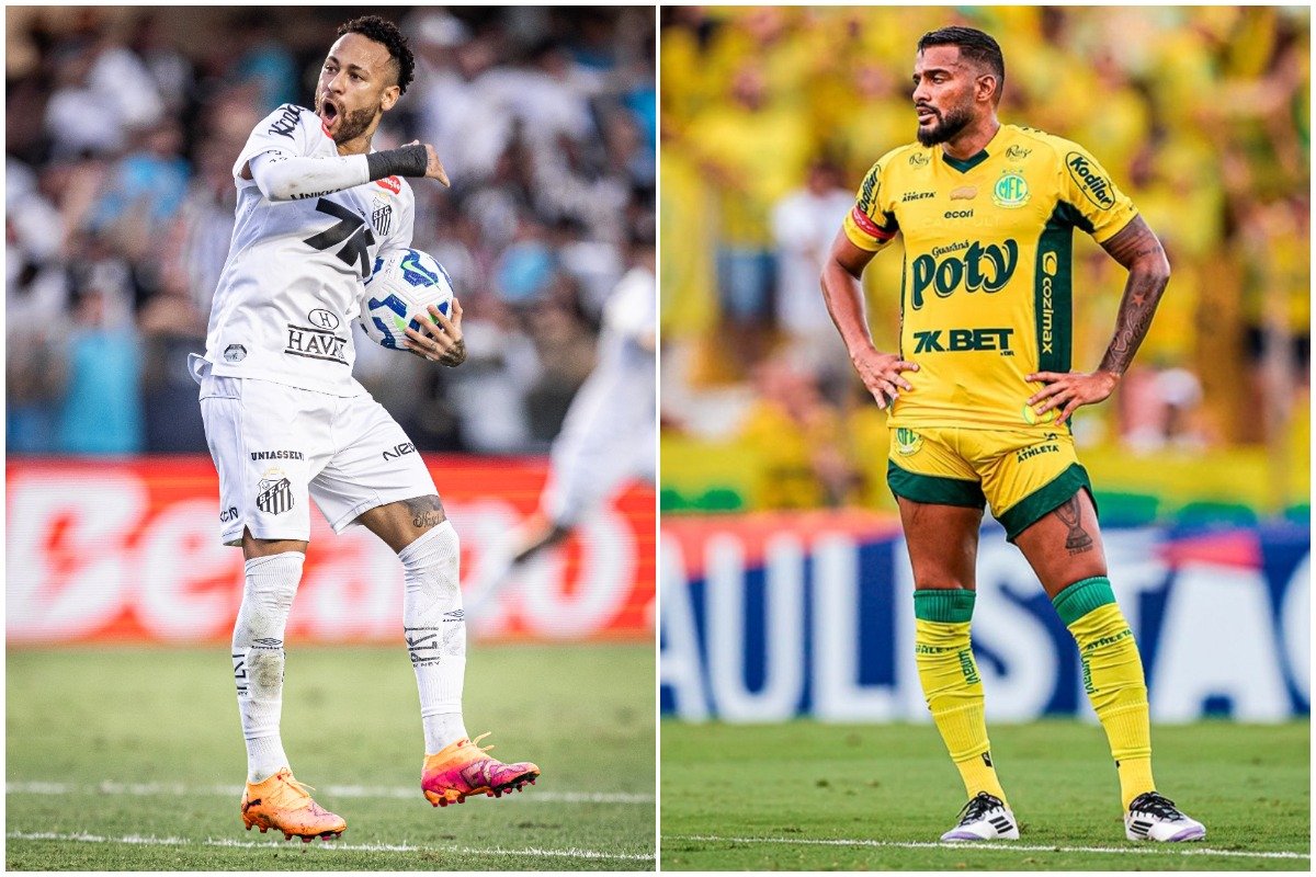 Jogadores do Santos e do Mirassol em partida de futebol (foto: Raul Baretta/Santos e Divulgação/Reinaldo)
