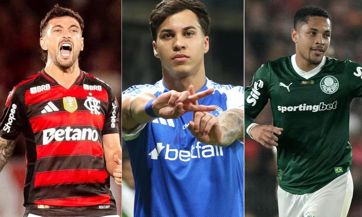Arrascaeta (Flamengo), Kaio Jorge (Cruzeiro) e Vitor Roque (Palmeiras) (foto: Divulgação/Flamengo, Edésio Ferreira/EM D.A Press e Juan Mabromata/AFP)