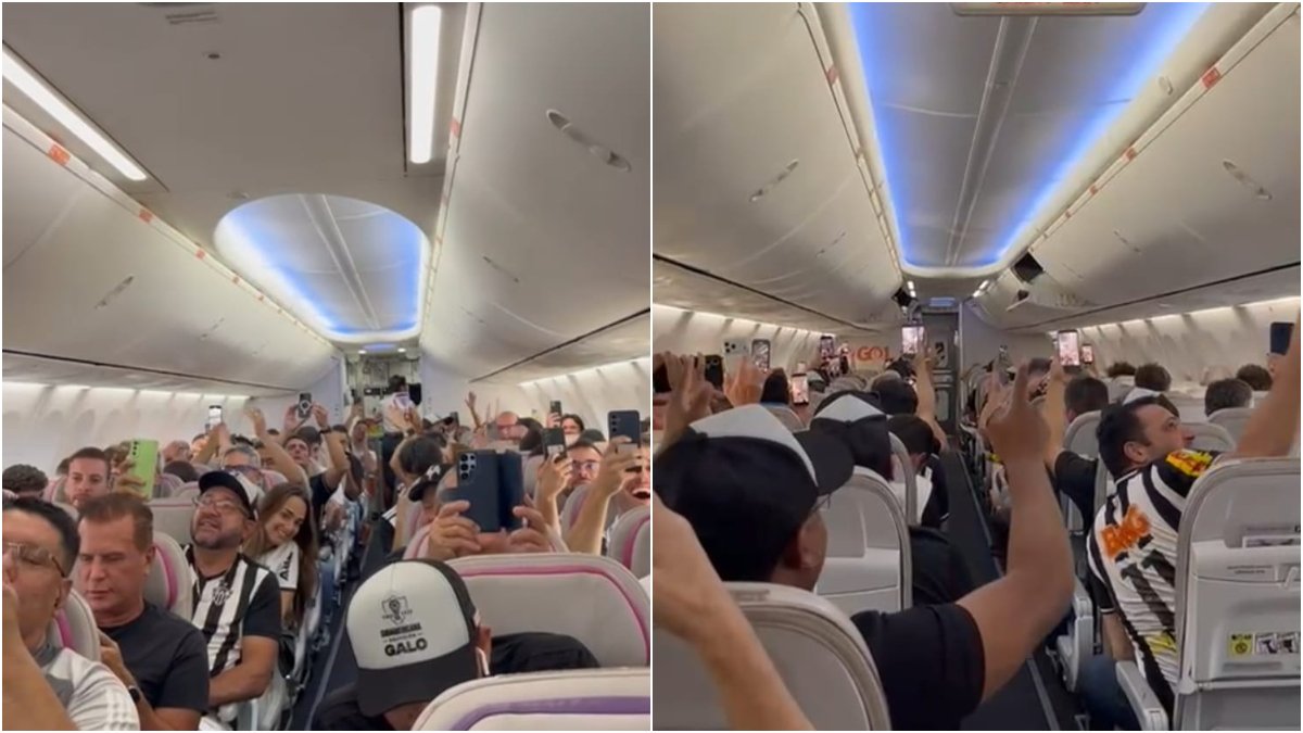 Torcedores do Atlético durante voo rumo a Assunção (foto: Lucas Bretas/No Ataque)