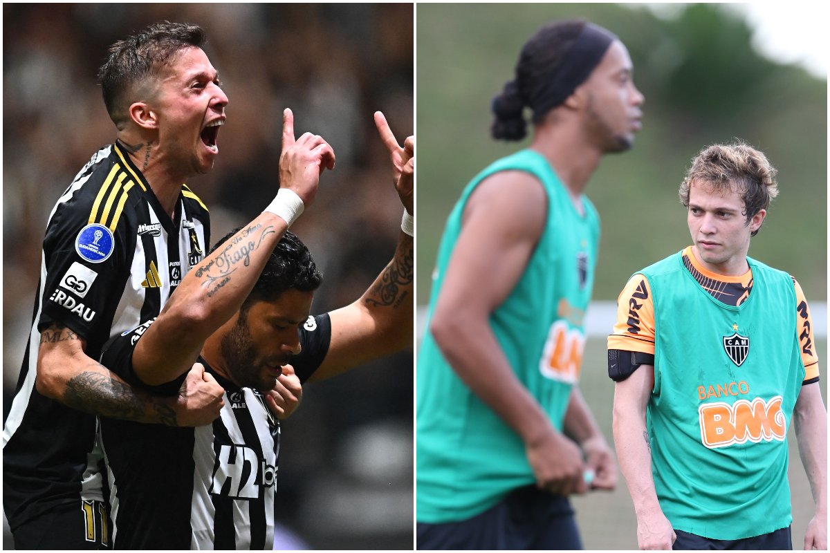 Bernard ao lado de Hulk e Ronaldinho no Atlético (foto: GLEDSTON TAVARES / AFP e Alexandre Guzanshe/EM/D.A Press)