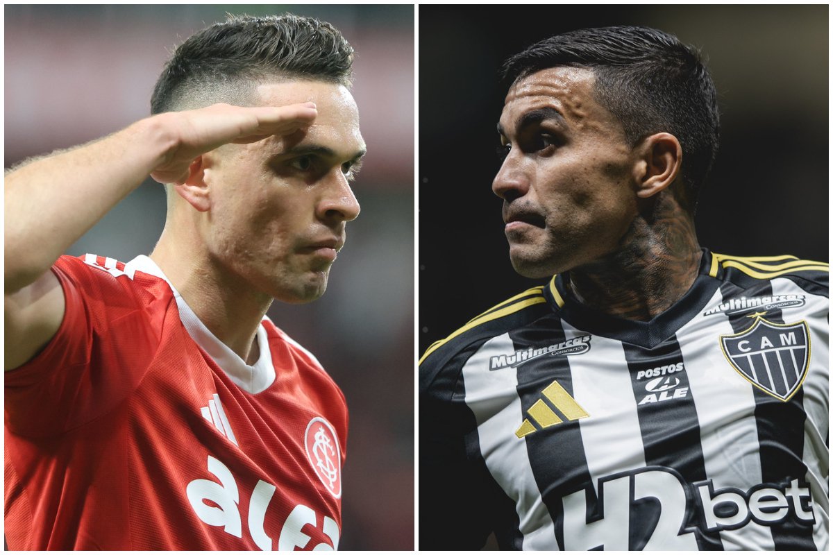 Borré, atacante do Inter, e Dudu, atacante do Atlético (foto: Ricardo Duarte/Inter e Pedro Souza/Atlético)