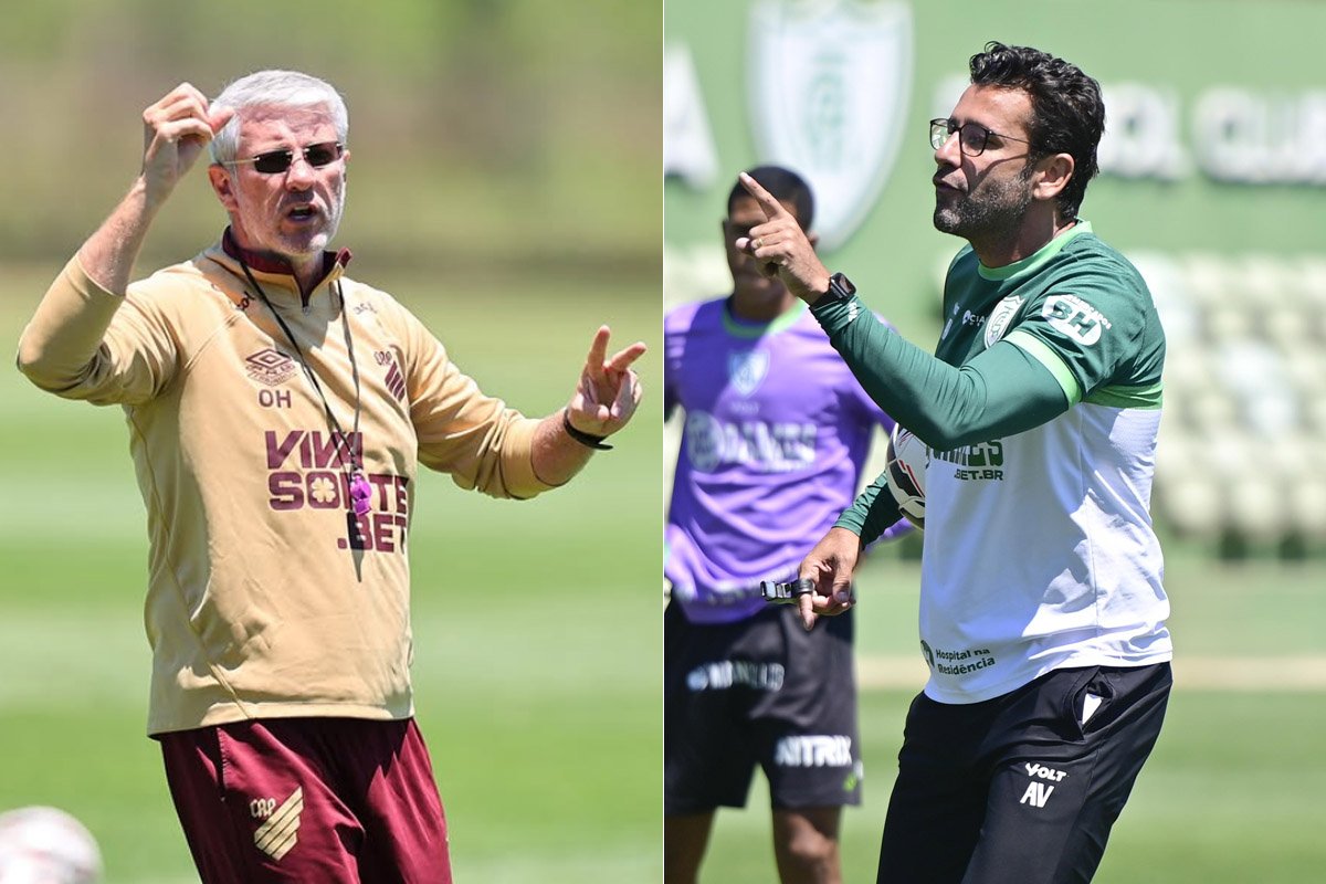 Odair Hellman e Alberto Valentin, técnicos de Athletico-PR e América (foto: José Tramontin/CAP - Mourão Panda/América)