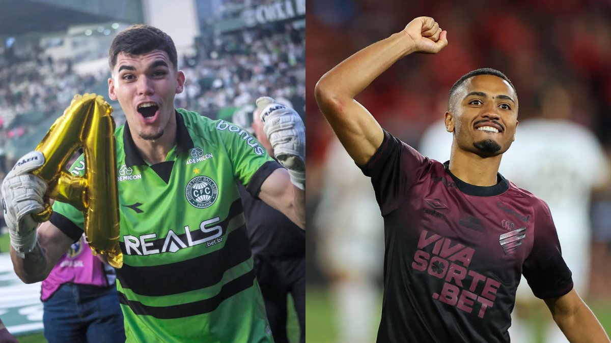 Pedro Morisco, goleiro do Coritiba; e Leozinho, atacante do Athletuico-PR (foto: JP Pacheco | Coritiba e José Tramontin/athletico.com.br)