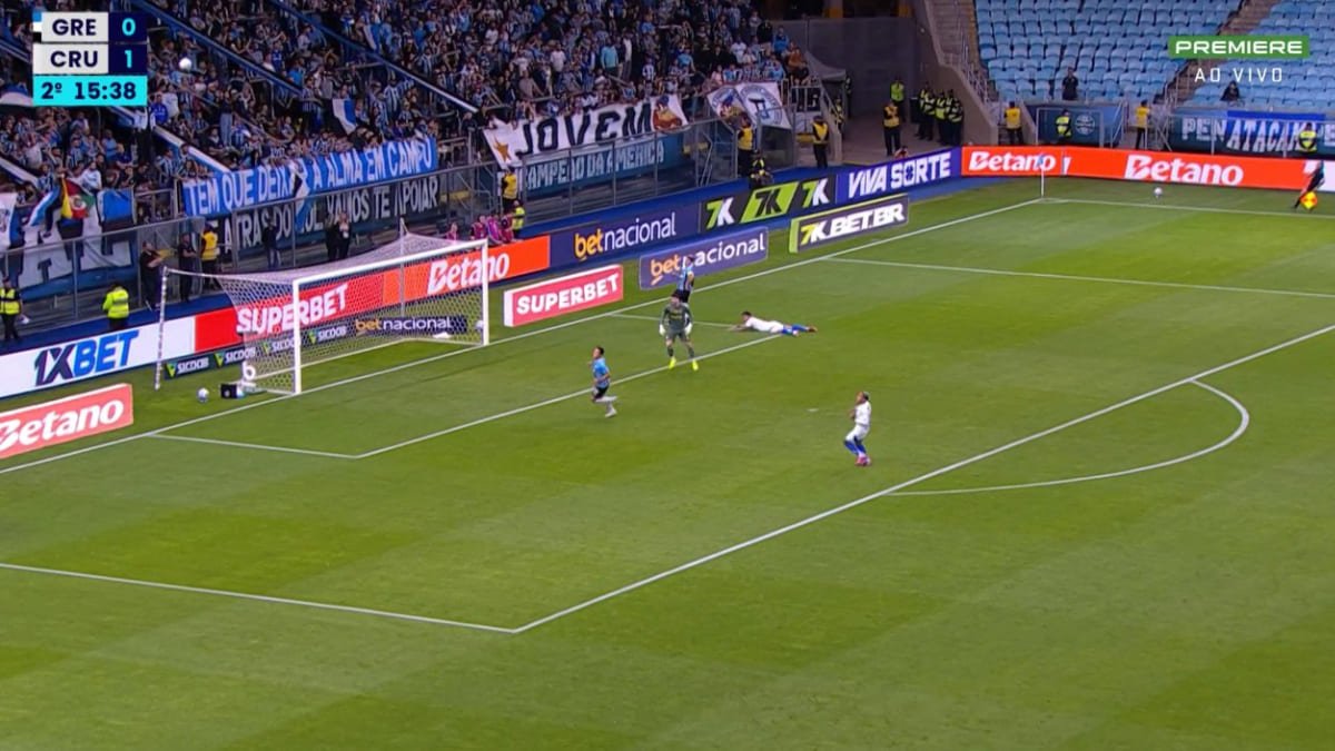 Artilheiro do Cruzeiro, Kaio Jorge carimbou o travessão do Grêmio no segundo tempo (foto: Reprodução/Premiere)