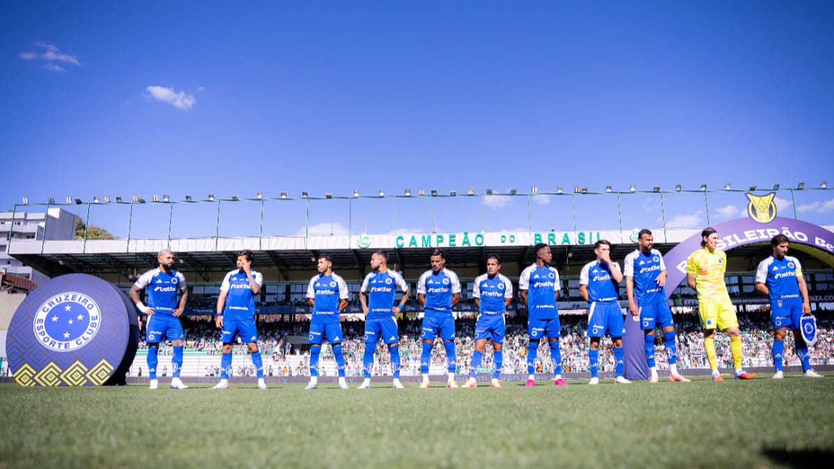 Jogadores do Cruzeiro perfilados para a execução do hino nacional antes do embate com o Juventude (foto: Lucas Bubols/Cruzeiro)