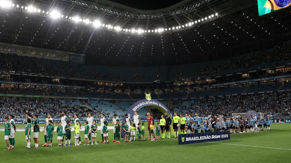 Jogadores de Palmeiras e Grêmio antes de duelo pelo Campeonato Brasileiro (foto: Cesar Greco/Palmeiras)