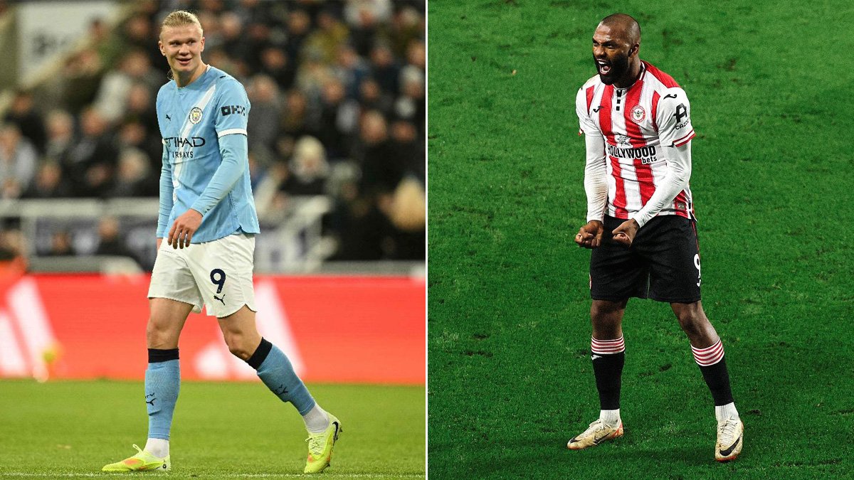 Haaland (Manchester City) e Thiago (Brentford) (foto: Oli SCARFF / AFP e Divulgação/Brentford)