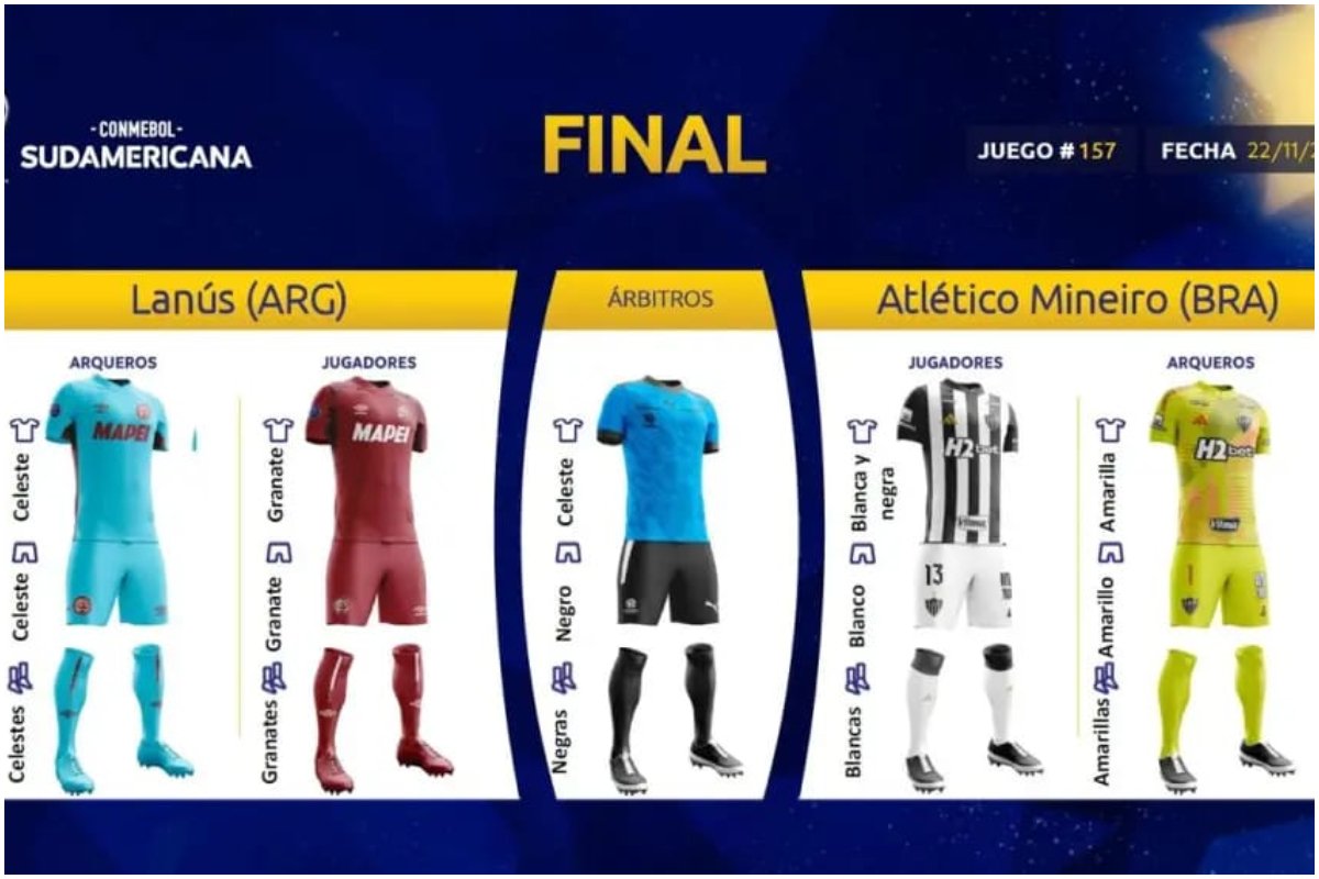 Imagem mostra os uniformes que Atlético e Lanús vão usar na final da Sul-Americana (foto: Conmebol/Divulgação)