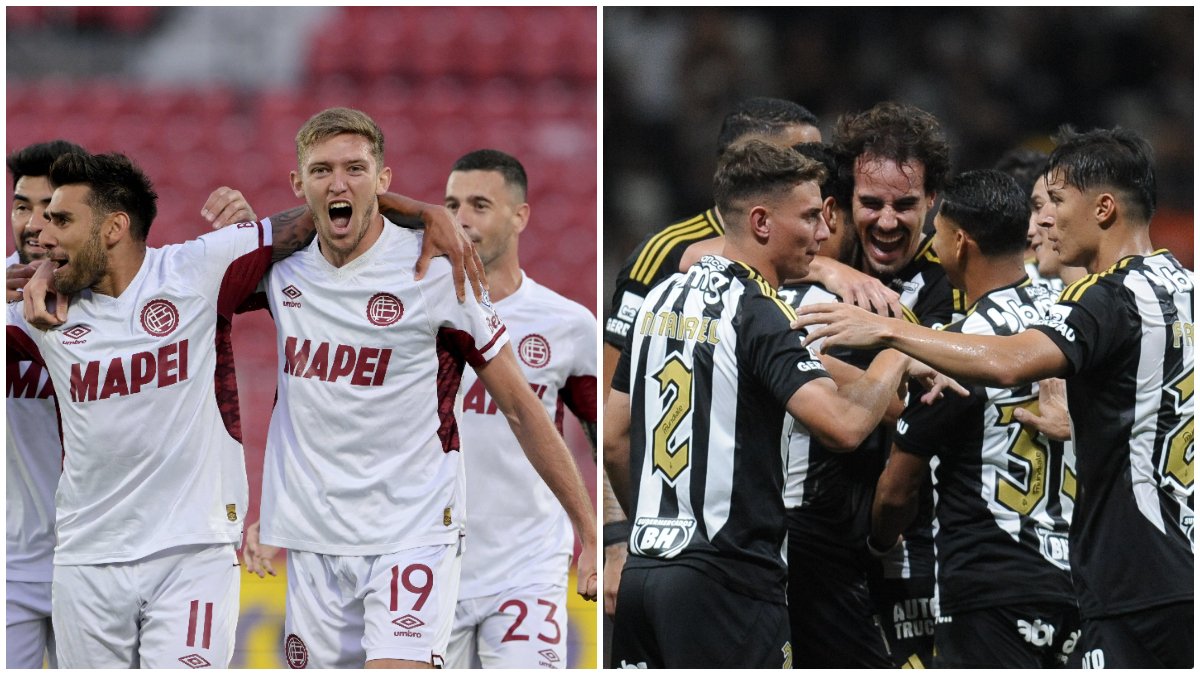 Jogadores de Lanús e Atlético comemoram gols (foto: Rodrigo ARANGUA / AFP e Alexandre Guzanshe/EM/D.A. Press)
