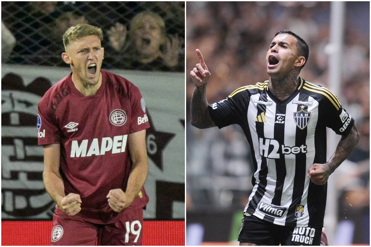 Rodrigo Castillo e Dudu, atacantes de Lanús e Atlético, respectivamente (foto: Montagem com imagens de Juan Mabromata/AFP e Alexandre Guzanshe/EM/D.A. Press)