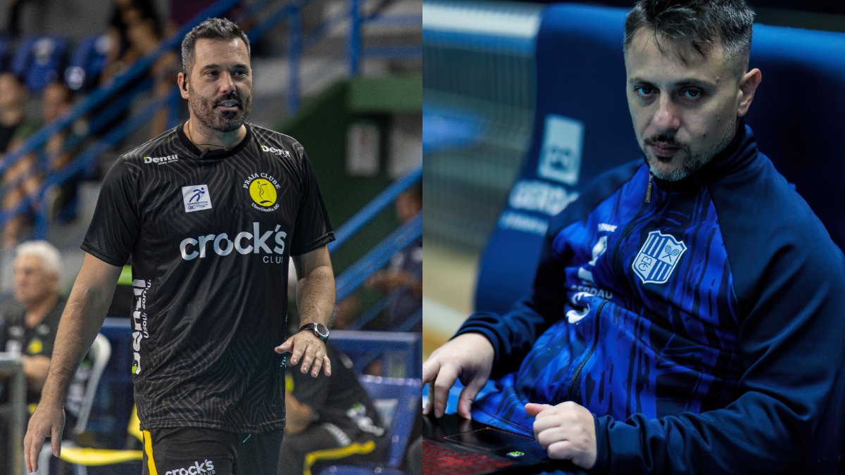 Rui Moreira, técnico do Praia Clube; e Lorenzo Pintus, técnico do Minas (foto: Bruno Souza/Praia e Hedgard Moraes/Minas)