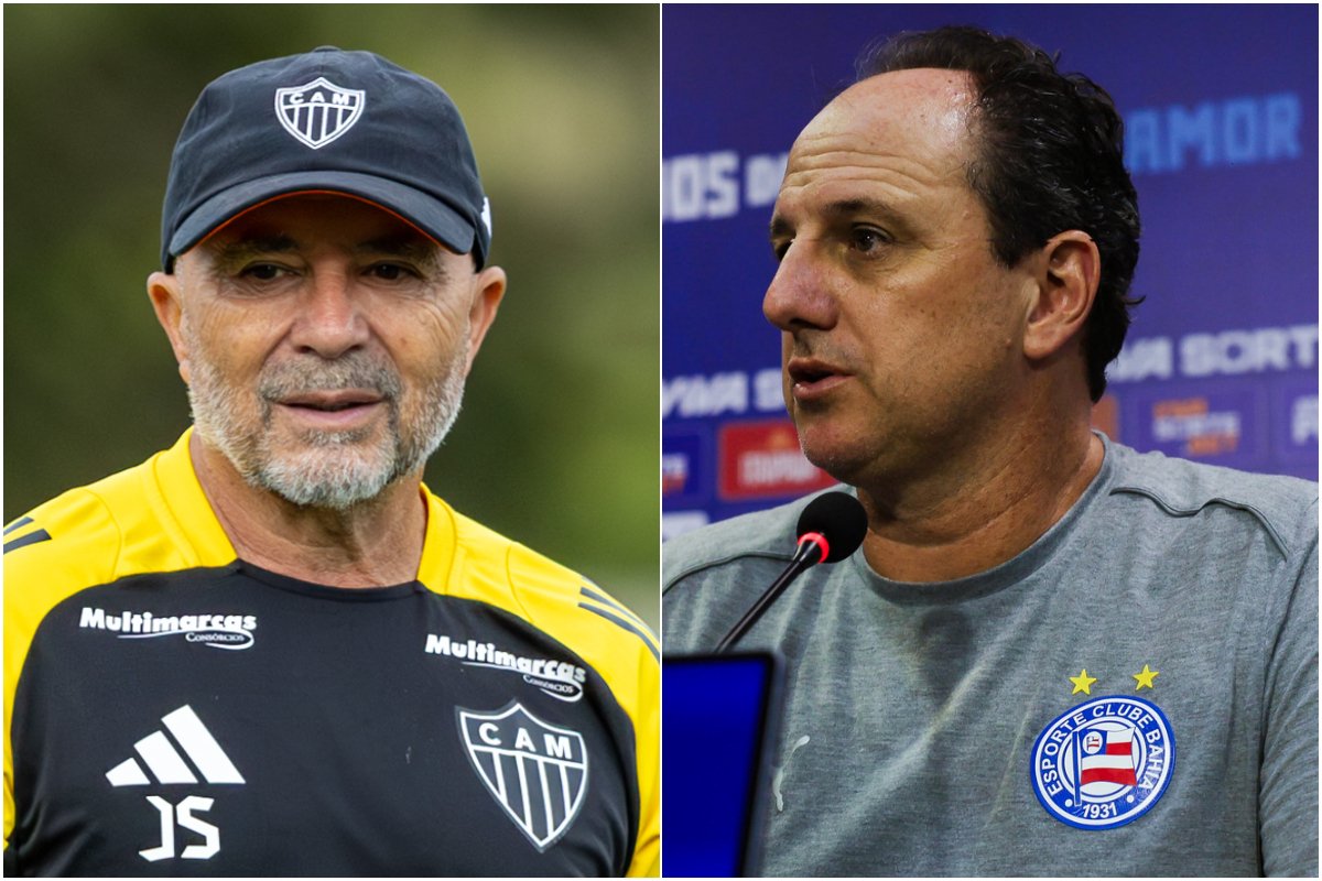 Jorge Sampaoli, técnico do Atlético, e Rogério Ceni, técnico do Bahia (foto: Paulo Henrique França / Atlético e Letícia Martins/EC Bahia)
