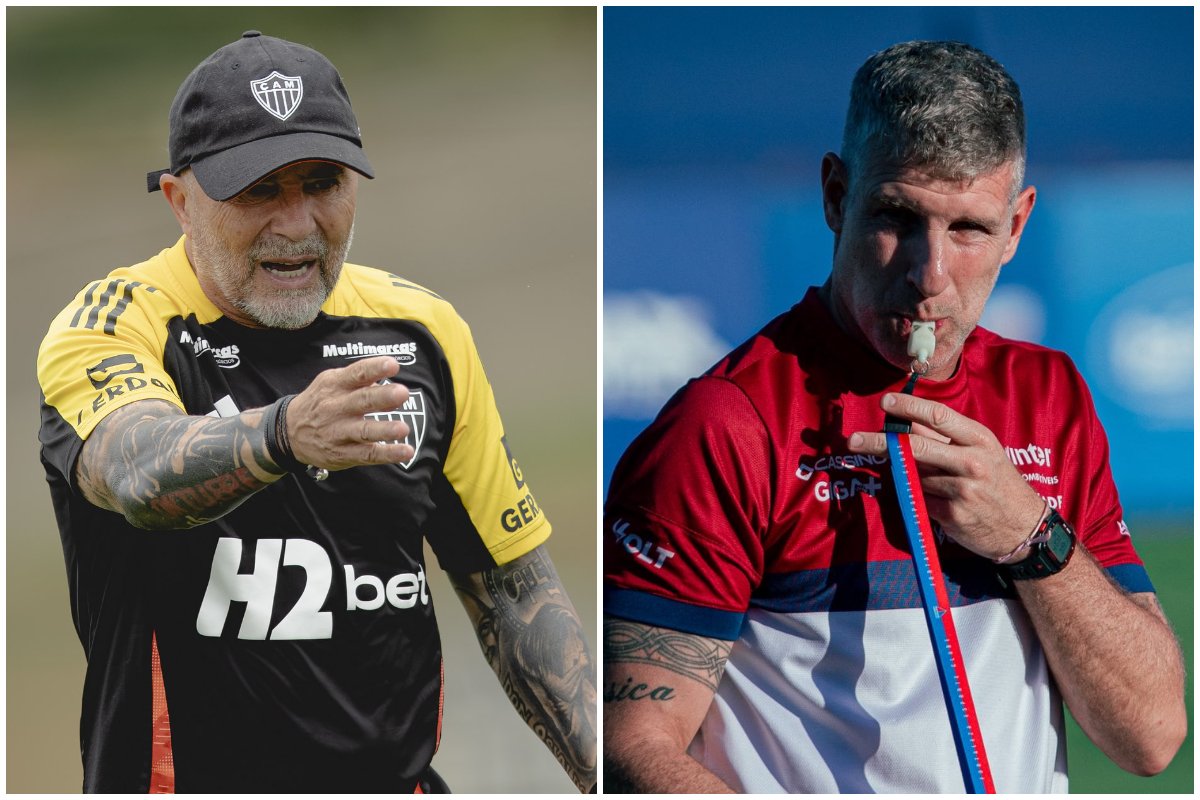 Sampaoli e Palermo, técnicos argentinos de Atlético e Fortaleza (foto: Pedro Souza/Atlético e Mateus Lotif/FEC)