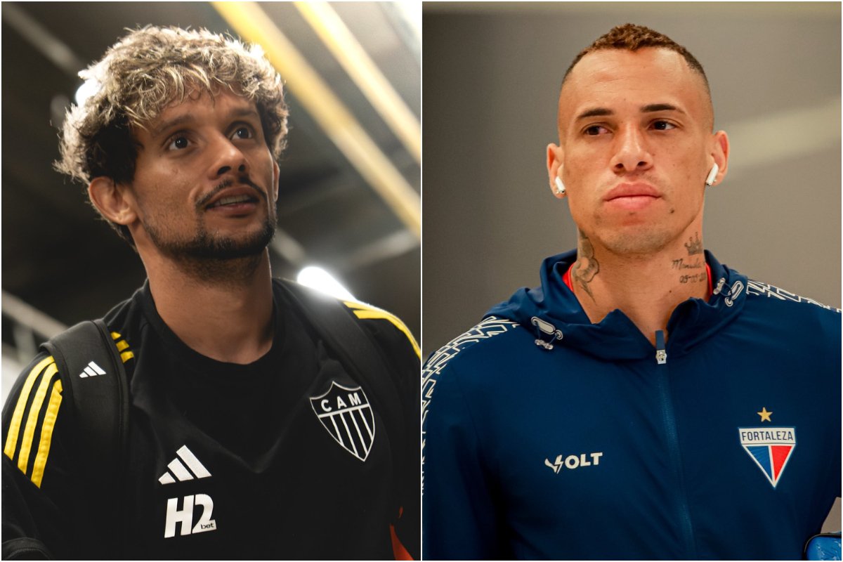 Gustavo Scarpa, meia do Atlético, e Breno Lopes, atacante do Fortaleza (foto: Pedro Souza/Atlético e Mateus Lotif/FEC)