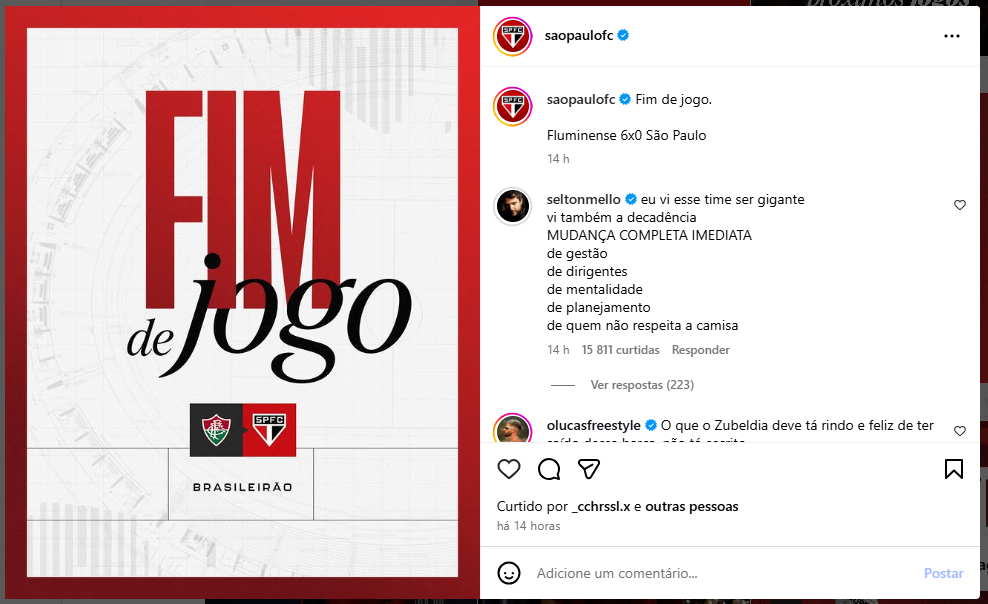Selton Mello em comentário no post do São Paulo no Instagram - (foto: Reprodução/São Paulo/Instagram)
