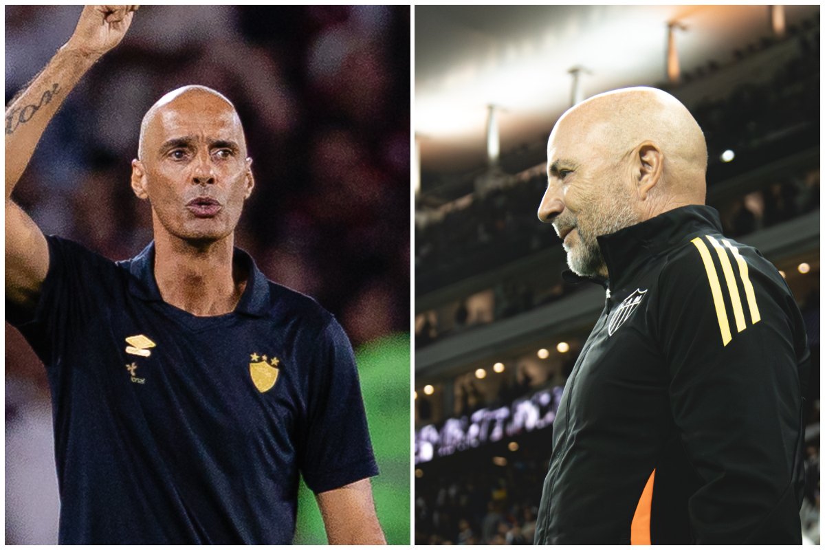 César Lucena, técnico interino do Sport, e Jorge Sampaoli, treinador do Atlético (foto: Paulo Paiva / Sport e Pedro Souza/Atlético)