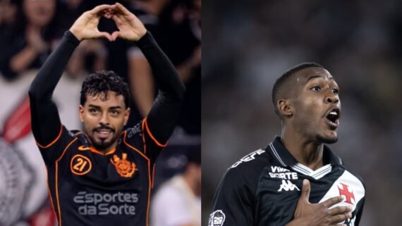 Jogador do Corinthians e do Vasco durante comemoração (foto: Rodrigo Coca/Corinthians e Matheus Lima/Vasco)