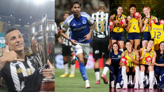 Guilherme Arana com o título do Mineiro, Kaio Jorge comemorando gol em Cruzeiro x Atlético, e Seleção Brasileira de Vôlei com o bronze no Mundial (foto: Alexandre Guzanshe/EM/D.A Press, Edesio Ferreira/EM/DA Press e FIVB/ Divulgação)