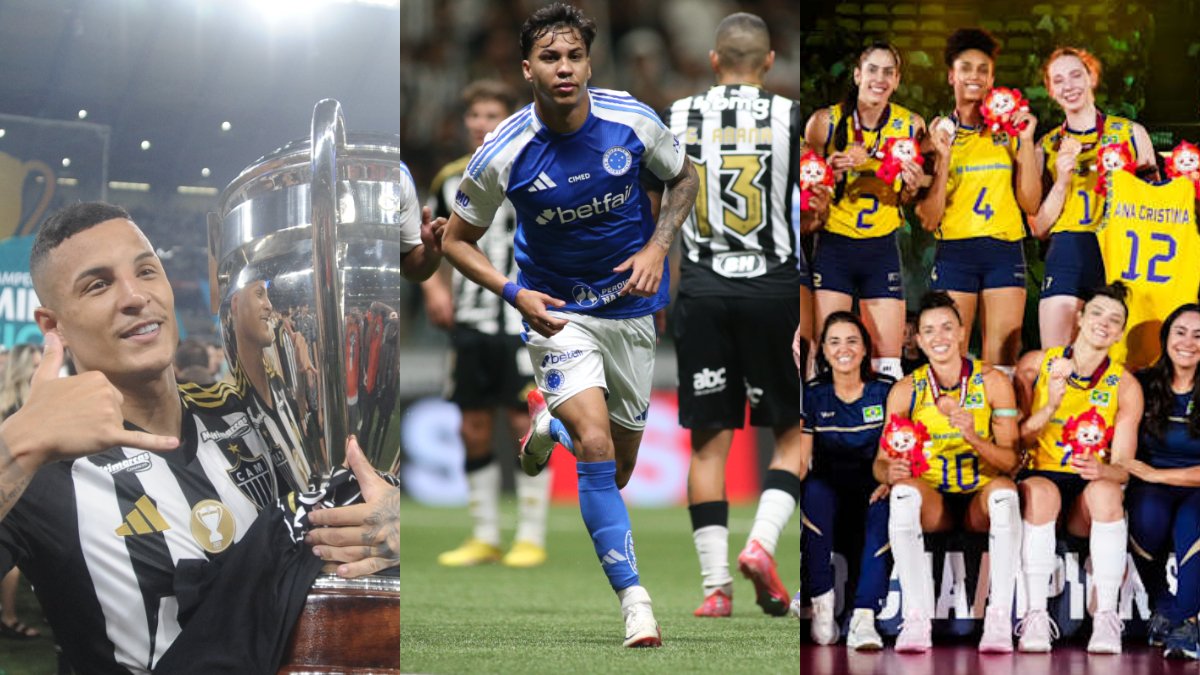 Guilherme Arana com o título do Mineiro, Kaio Jorge comemorando gol em Cruzeiro x Atlético, e Seleção Brasileira de Vôlei com o bronze no Mundial (foto: Alexandre Guzanshe/EM/D.A Press, Edesio Ferreira/EM/DA Press e FIVB/ Divulgação)