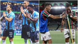 Jogadores do Grêmio e Fluminense durante comemoração - Crédito: 