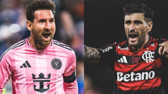 Messi e Arrascaeta durante comemoração de gol (foto: Divulgação/Messi e Divulgação/Arrascaeta)