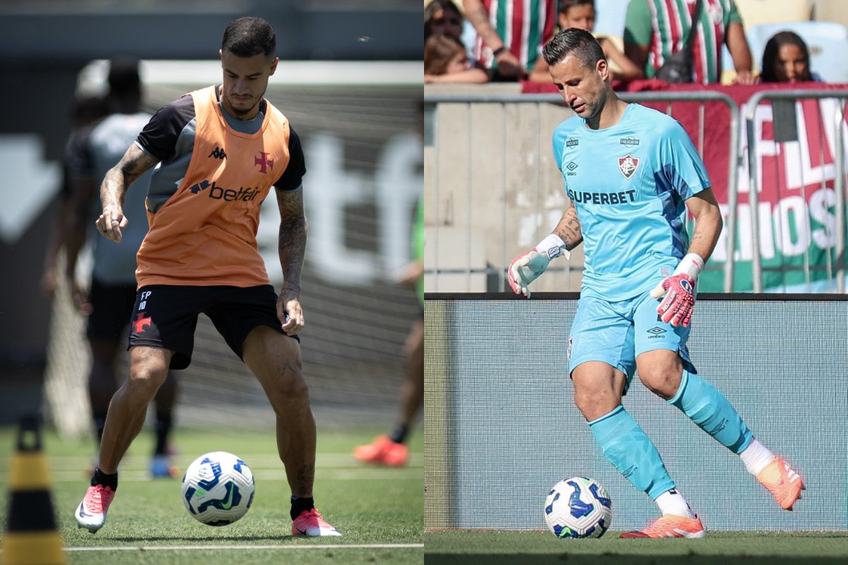 Coutinho do Vasco na esquerda e Fábio do Fluminense na direita. Ambos treinando. (foto: Matheus Lima/Vasco e Divulgação/Fluminense)